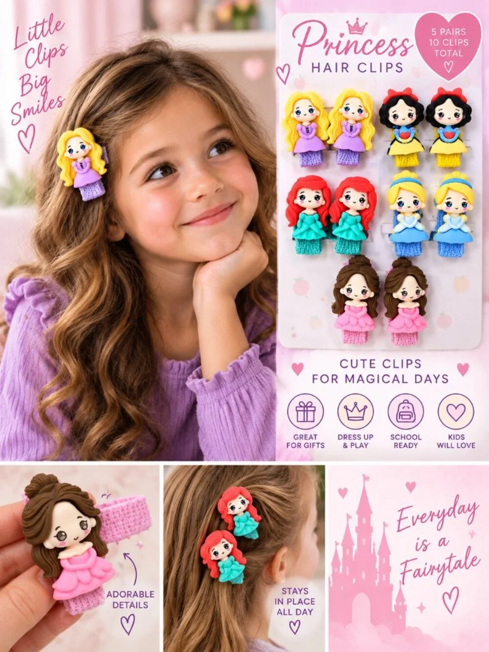 Disney Princess Chibi Hair Clips 10pc 5 Pairs Kawaii Fairytale Girls Barrettes